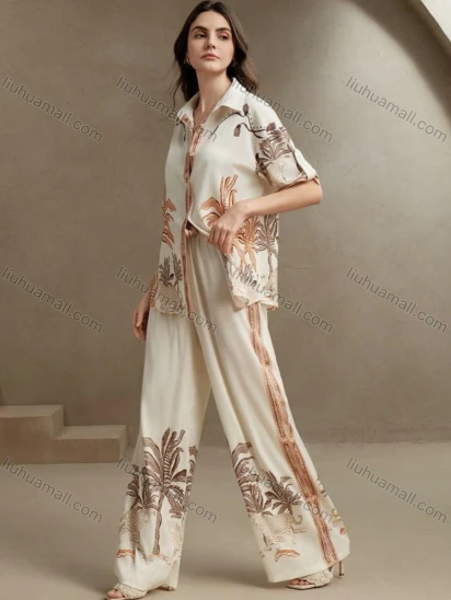 Wholesale Women's Two-Piece Set with Tropical Print Button-Up Shirt and Wide-Leg Pants