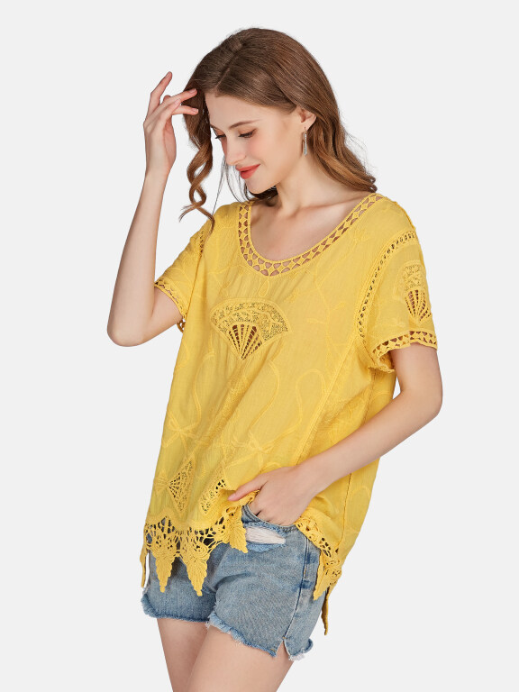 Women's Casual Scoop Neck Embroidered Hollow Out Lace Blouse 2003#, Clothing Wholesale Market -LIUHUA, 