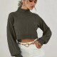 Women's Plain Stand Collar Bishop Sleeve Cable Knit Crop Sweater A723 Clothing Wholesale Market -LIUHUA