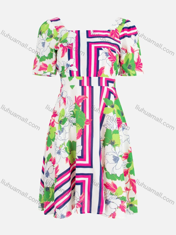 Wholesale Women's Vintage Short Sleeve Floral Geometric Print Tie Back Short Dress