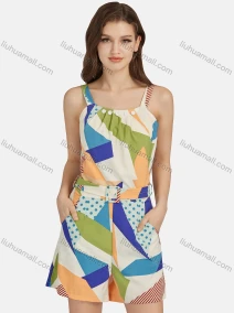 Wholesale Women's Casual Sleeveless Button Decor Allover Print Belted Romper 28018#, LIUHUA CLOTHING WHOLESALE