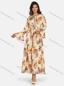 Wholesale Women's Casual Crew Neck Bell Sleeve Lace Up Floral Print Oversized Maxi Dress, LIUHUA CLOTHING WHOLESALE