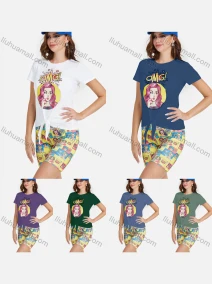 Wholesale Women's Casual Round Neck Short Sleeve Cartoon Print Twist T-Shirt, LIUHUA CLOTHING WHOLESALE