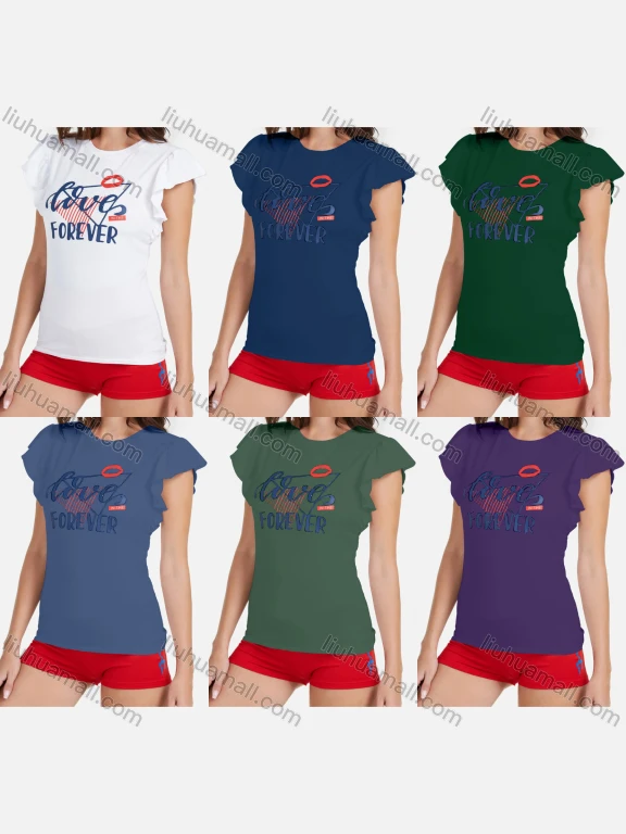 Wholesale Women's Casual Round Neck Letter Print Ruffle Sleeve T-Shirt