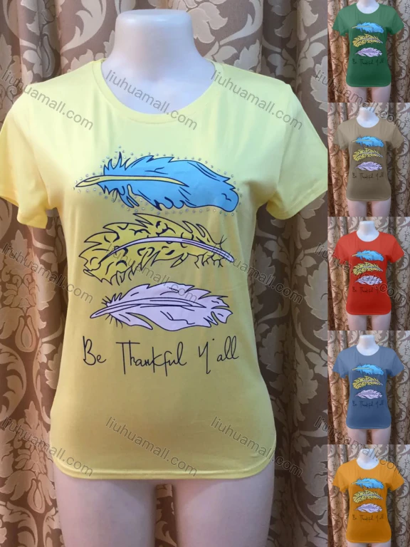Wholesale Women's Casusal Letter & Feather Print Round Neck Short Sleeve Tee