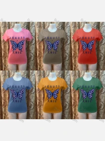 Wholesale Women's Casusal Letter & Butterfly Print Rhinestone Round Neck Short Sleeve Tee, LIUHUA CLOTHING WHOLESALE
