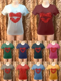 Wholesale Women's Casusal Lip Print Rhinestone Round Neck Short Sleeve Tee, LIUHUA CLOTHING WHOLESALE