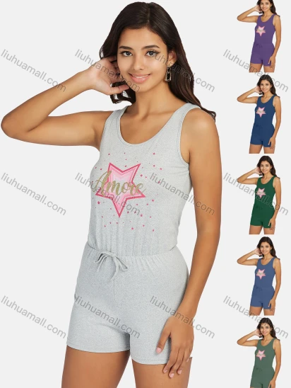 Wholesale Women's Casual Graphic Scoop Neck Drawstring Romper
