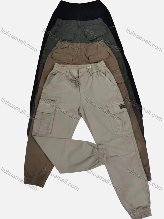 Wholesale Men's Casual Plain Flap Pockets Zip Decor Drawstring Cargo Pant 2212#