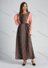 Wholesale Women's Long Sleeve Round Neck Zip Front Striped Splicing Maxi Dress With Belt - Liuhuamall