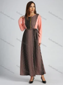 Wholesale Women's Long Sleeve Round Neck Zip Front Striped Splicing Maxi Dress With Belt, LIUHUA CLOTHING WHOLESALE