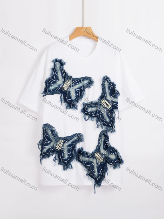 Wholesale Women's 100%Cotton Casual Round Neck Butterfly Pearl Decor Frayed Raw Short Sleeve Tee 0677-4#