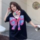 Wholesale Women's 100%Cotton Casual Round Neck Butterfly Rhinestone Short Sleeve Tee With Kerchief 0677-1# Black Clothing Wholesale Market Liuhua