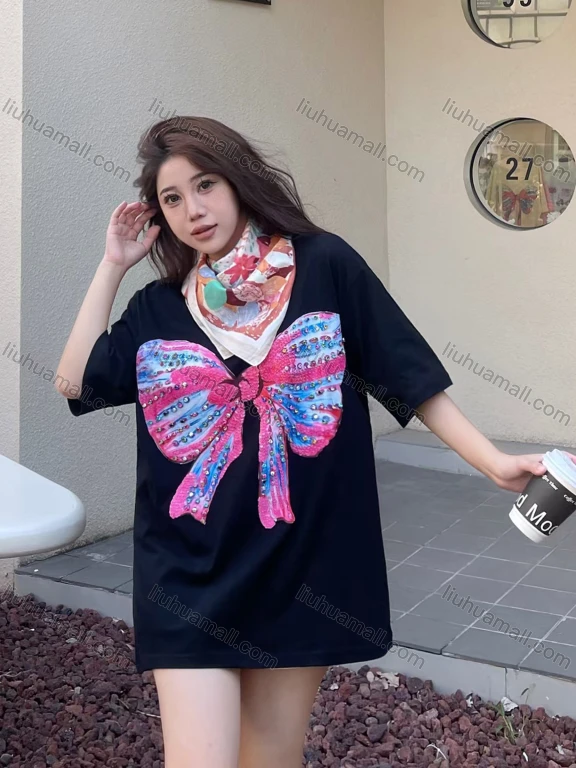 Wholesale Women's 100%Cotton Casual Round Neck Butterfly Rhinestone Short Sleeve Tee With Kerchief 0677-1#