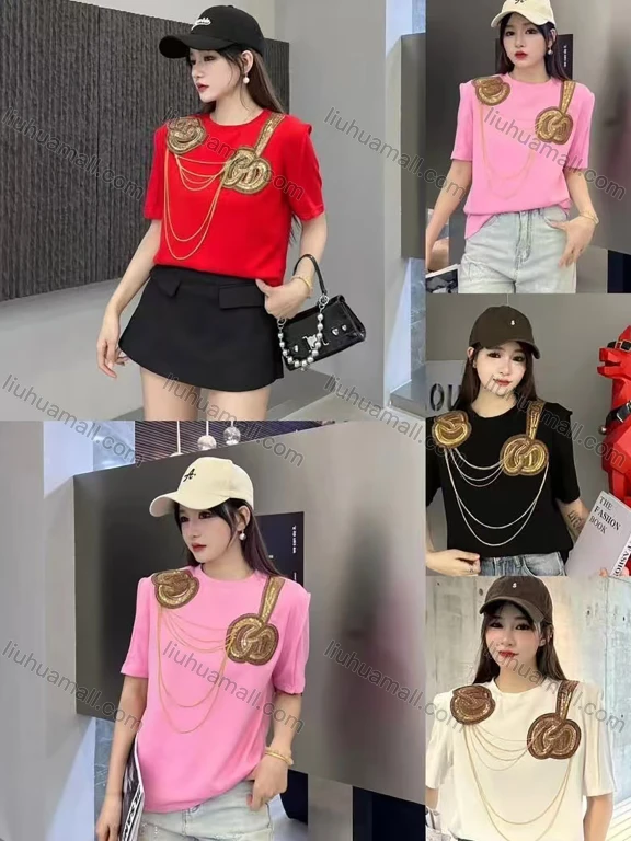 Wholesale Women's Casual Round Neck Plain Sequin Beaded Chain Decor Short Sleeve Tee 2324-1#