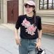 Wholesale Women's Casual Round Neck 3D Floral Beaded Applique Short Sleeve Tee 2324-2# Black Clothing Wholesale Market Liuhua