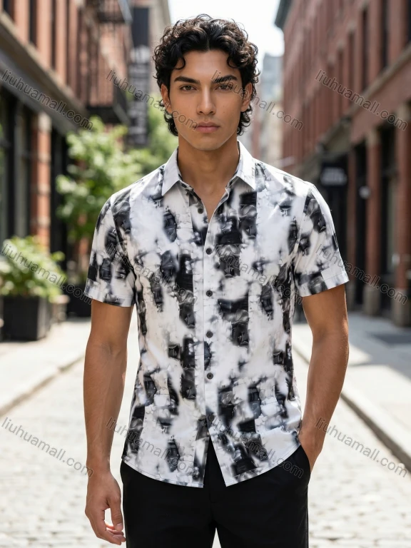 Wholesale 2026 Trendy Wholesale In Stock Men's Slim Fit Abstract Art Print Short Sleeve Casual Dress Shirt