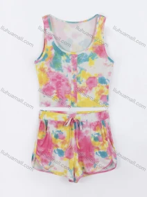 Wholesale Women's Casual Tie Dye Scoop Neck Button Front Tank Top & Drawstring Pocket Shorts Sets, LIUHUA CLOTHING WHOLESALE