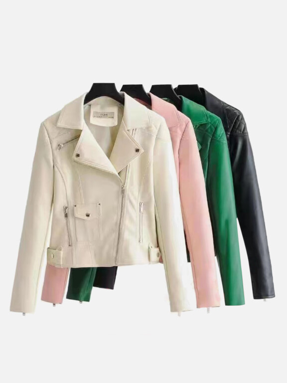 Women's Casual Lapel Zipper Pockets Crop Leather Plain Jacket, Clothing Wholesale Market -LIUHUA, leather%20jackets