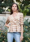 Wholesale Women's Elegant Wrap V Neck Half Sleeve Plaid Ruffle Hem Blouse AY077# - Liuhuamall