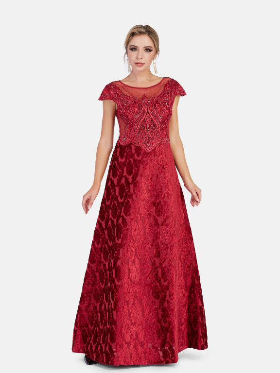 Women's Sheer Lace Cap Sleeve Flocking Rhinestone Applique Embroidery Maxi Evening Dress, LIUHUA Clothing Online Wholesale Market, All Categories