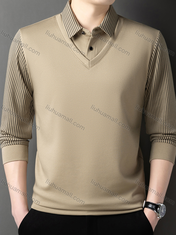 Wholesale Men's Fashion Plain Striped Splicing 2 in 1 Long Sleeve Polo Shirt 880#