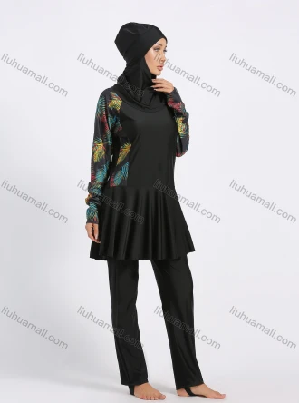 Wholesale Women's Modest Muslim Tropical Print Splicing Peplum Hem Full Coverage Burkini Swimwear With Hijab 2 Piece Set, LIUHUA CLOTHING WHOLESALE