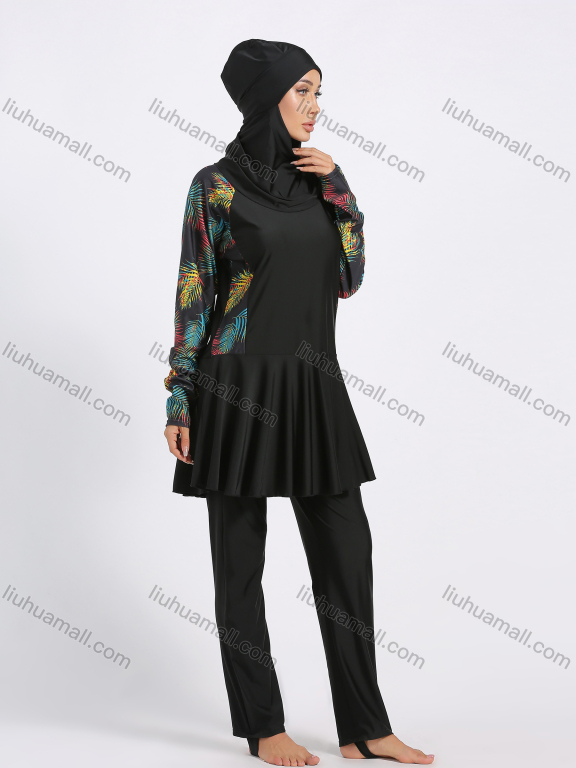 Wholesale Women's Modest Muslim Tropical Print Splicing Peplum Hem Full Coverage Burkini Swimwear With Hijab 2 Piece Set