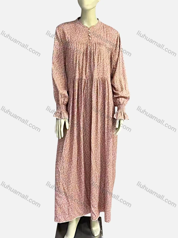 Wholesale Women's Vintage Crew Neck Bishop Sleeve Floral Print Ruffle Hem Maxi Dress