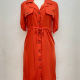 Women's Casual Lapel Button Down Fake Pockets Drawstring Plain Midi Dress Red Clothing Wholesale Market -LIUHUA
