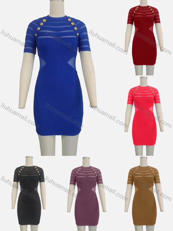 Wholesale Women's Cut Out Short Sleeve Crew Neck Button Decor Bodycon Short Sweater Dress
