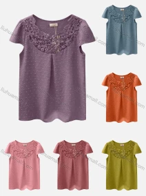 Wholesale Women's Casual Bateau Neck Short Sleeve Swiss Dot Embroidered Pearl Decor Blouse, LIUHUA CLOTHING WHOLESALE