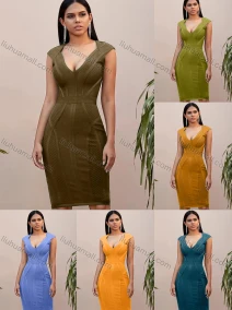 Wholesale Women's Casual Plain Deep V Neck Sleeveless Bodycon Knee Length Tank Dress, LIUHUA CLOTHING WHOLESALE