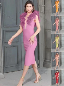 Wholesale Women's Glamorous Plunge Neck Sleeveless Feather Trim Bodycon Midi Dress, LIUHUA CLOTHING WHOLESALE