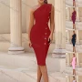 Wholesale Women's Elegant Plain Asymmetrical Neck Button Decor Bodycon Knee length Dress preview