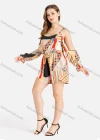 Wholesale Women's Geo Chevron Floral Tropical Striped Print Scoop Neck Cold Shoulder Poet Sleeve Cami Romper - Liuhuamall