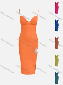 Wholesale Women's Elegant Spaghetti Strap Side Slit Hollow Out Sequin Midi Cami Dress, LIUHUA CLOTHING WHOLESALE