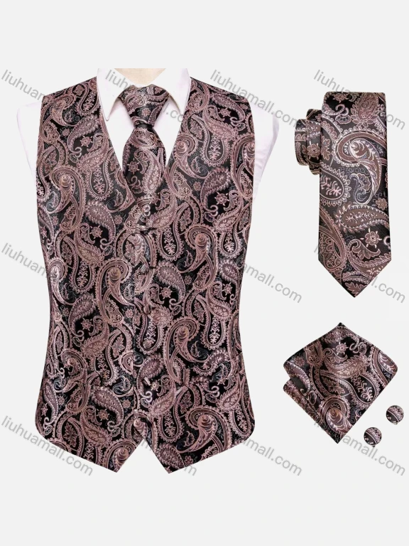 Wholesale Men's Formal Paisley Print Single Breasted Silky Waistcoat With Necktie & Kerchief & Cufflinks 4-piece Set