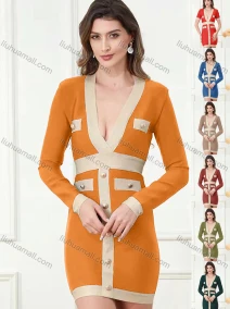 Wholesale Women's Sexy Deep V Neck Colorblock Button Decor Fake Pocket Bodycon Mini Dress, LIUHUA CLOTHING WHOLESALE