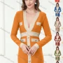 Wholesale Women's Sexy Deep V Neck Colorblock Button Decor Fake Pocket Bodycon Mini Dress preview