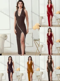 Wholesale Women's Elegant Open Back Thign Split Pearl Decor Splicing Halter Maxi Evening Dress, LIUHUA CLOTHING WHOLESALE