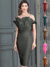 Wholesale Women's Elegant Off Shoulder Feather Decor Midi Evening Dress, LIUHUA CLOTHING WHOLESALE