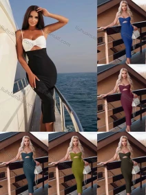 Wholesale Women's Sexy Spaghetti Straps Pencil Hem Cut Out Midi Dress, LIUHUA CLOTHING WHOLESALE