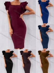 Wholesale Women's Square Neck Layered Sleeve Plain Knee Length Dress, LIUHUA CLOTHING WHOLESALE