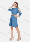 Wholesale Women's Casual Round Neck Cold Shoulder Denim Short Dress With Belt - Liuhuamall