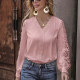 Women's Casual Plain V Neck Long Sleeve Guipure Lace Appliques Blouse Pink Clothing Wholesale Market -LIUHUA