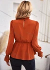 Wholesale Women's Casual Plain Mock Neck Shirred Long Sleeve Ruffle Hem Blouse - Liuhuamall