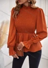 Wholesale Women's Casual Plain Mock Neck Shirred Long Sleeve Ruffle Hem Blouse - Liuhuamall
