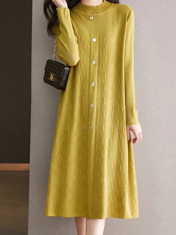 Women's Casual Plain Mock Neck Buttons Long Sleeve Midi Sweater Dress, Clothing Wholesale Market -LIUHUA, 