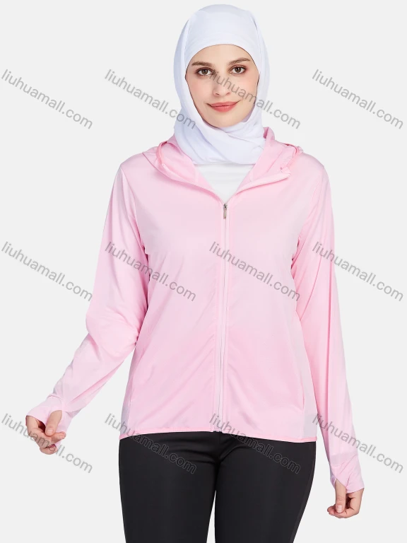 Wholesale Women's Sporty Hooded Long Sleeve Windproof Breathable Dual Pockets Jackets 1390-Pink#